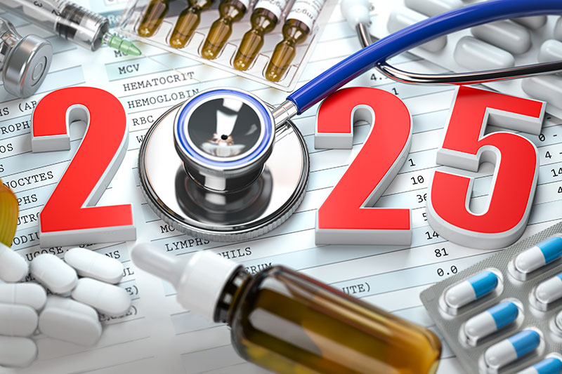 An image of the year 2025 surrounded by medications, representing the future of healthcare.