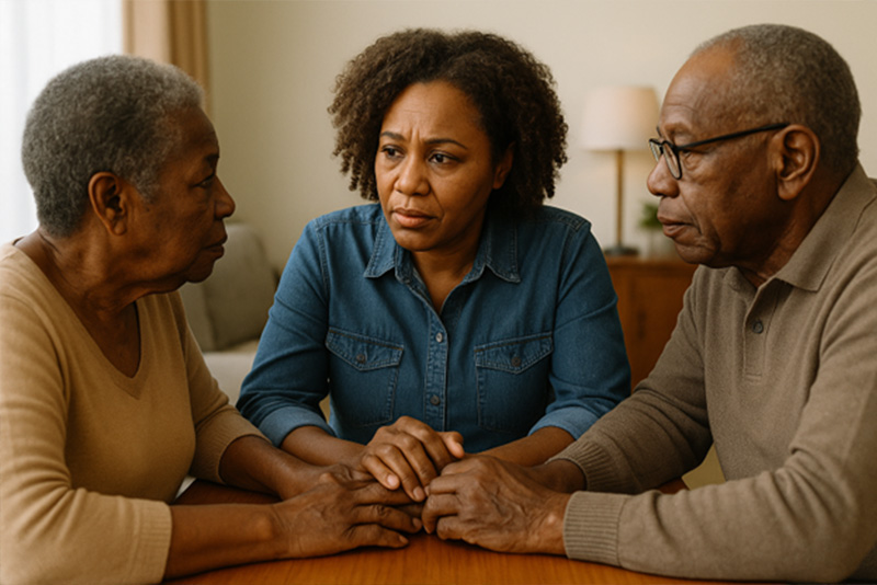 A woman feels the weight of caregiver stress as she has a deep conversation with her aging parents.